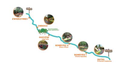 Mapa trasy spływu kajakowego z zaznaczonymi punktami: Zwierzyniec, Obrocz, Guciów, Bondyrz, Hutki.