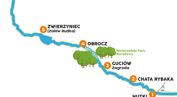 Mapa z zaznaczonymi punktami na rzece: 1-Hutki, 2-Chata Rybaka, 3-Guciów, 4-Obrocz, 5-Zwierzyniec, 6-Szczebrzeszyn.
